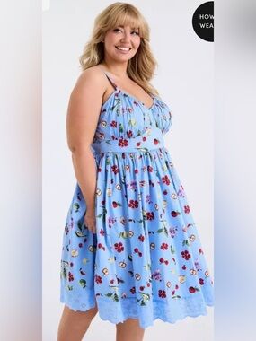 torrid Retro Chic Light Blue Fruit-Print Swing Dress with fruit and flowers